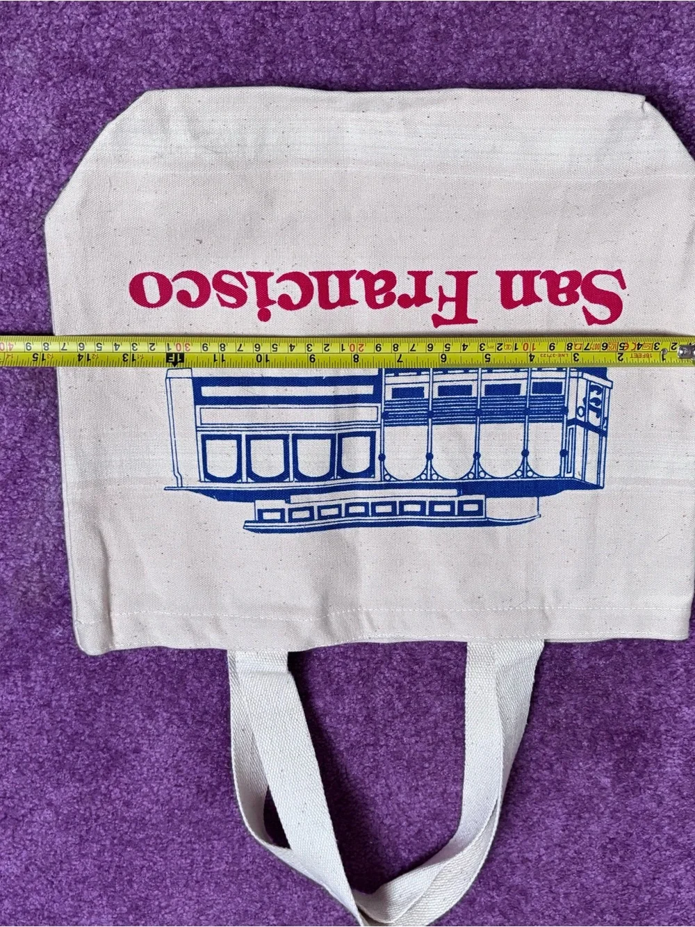 San Francisco Cable Car Canvas Tote - White with Blue & Red Print